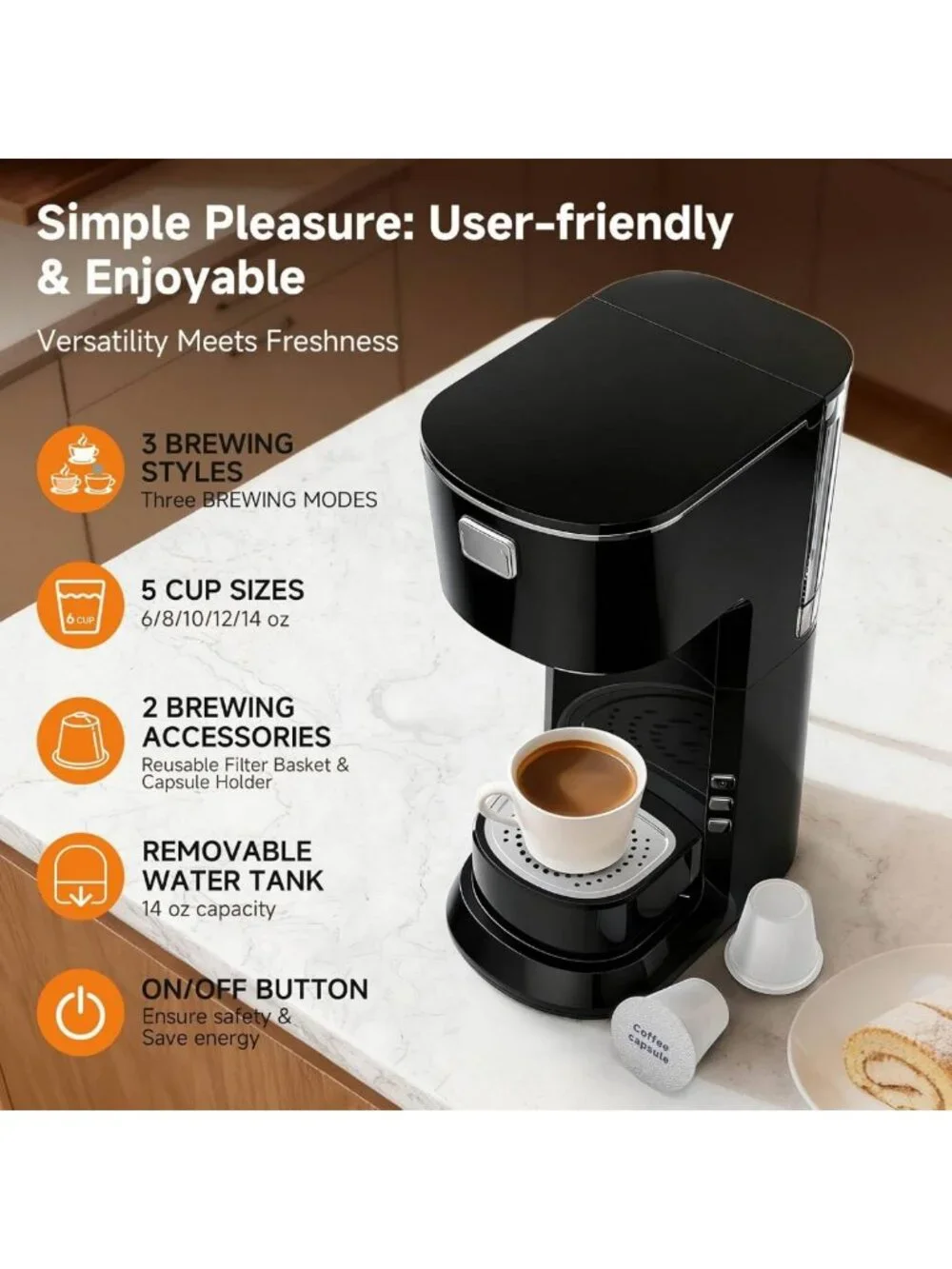 Single Serve Coffee Maker for K-Cups & Ground Coffee - Compact & Stylish Black